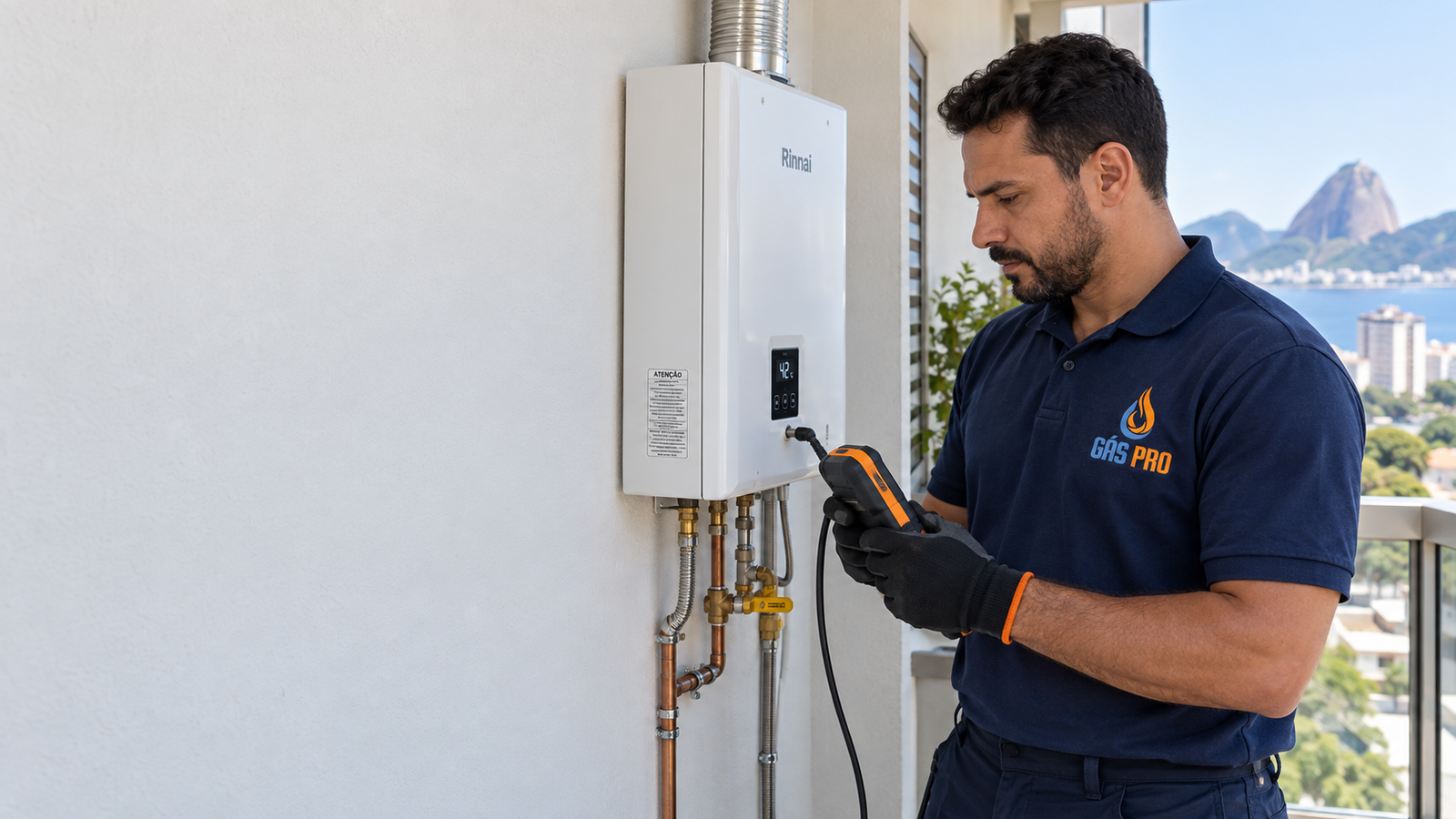 Imagem ilustrativa de técnico com uniforme Gás Pro inspecionando aquecedor