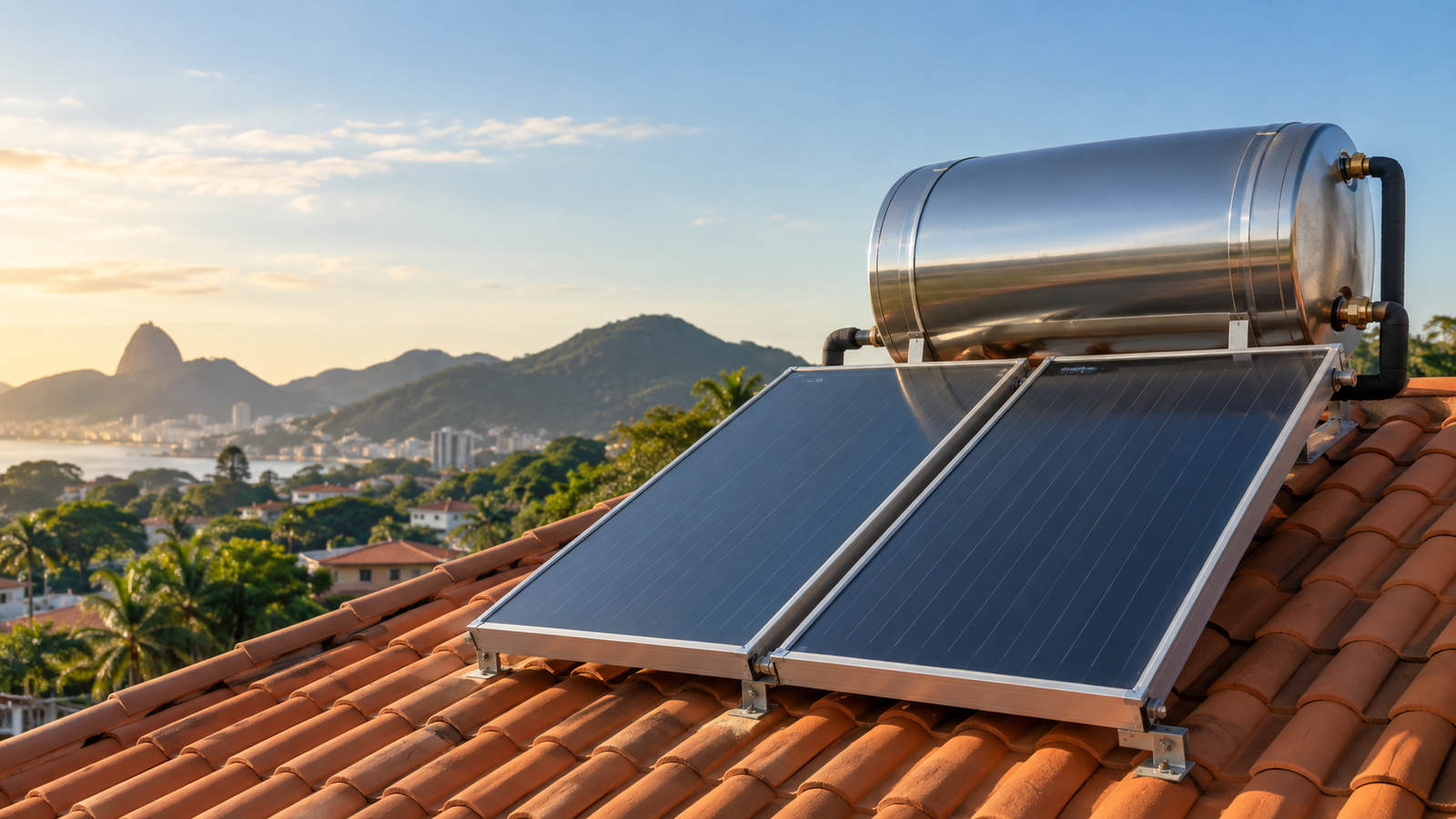 Boiler e placas de aquecimento solar em telhado